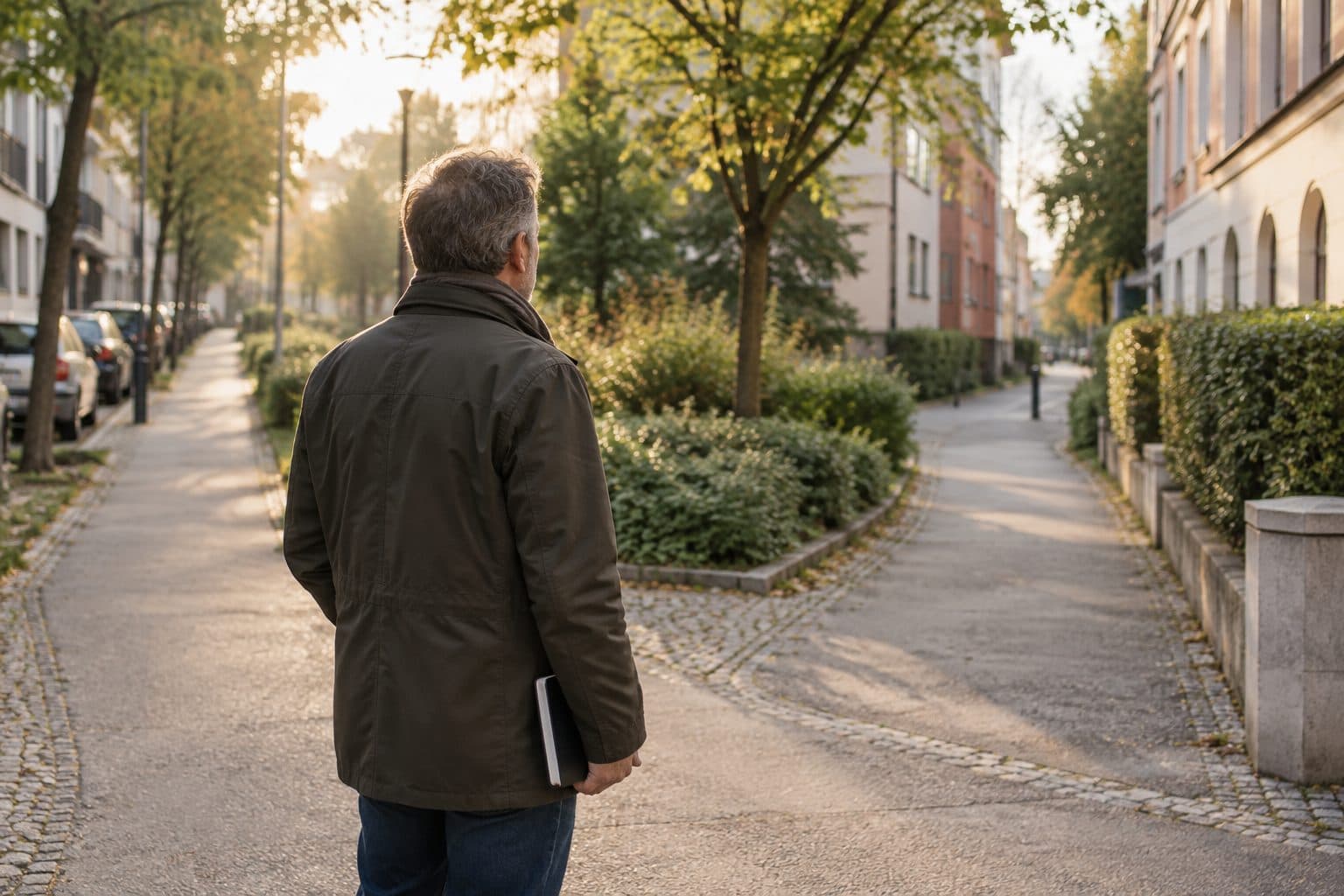 Mann hält an einer städtischen Weggabelung inne und betrachtet zwei mögliche Richtungen