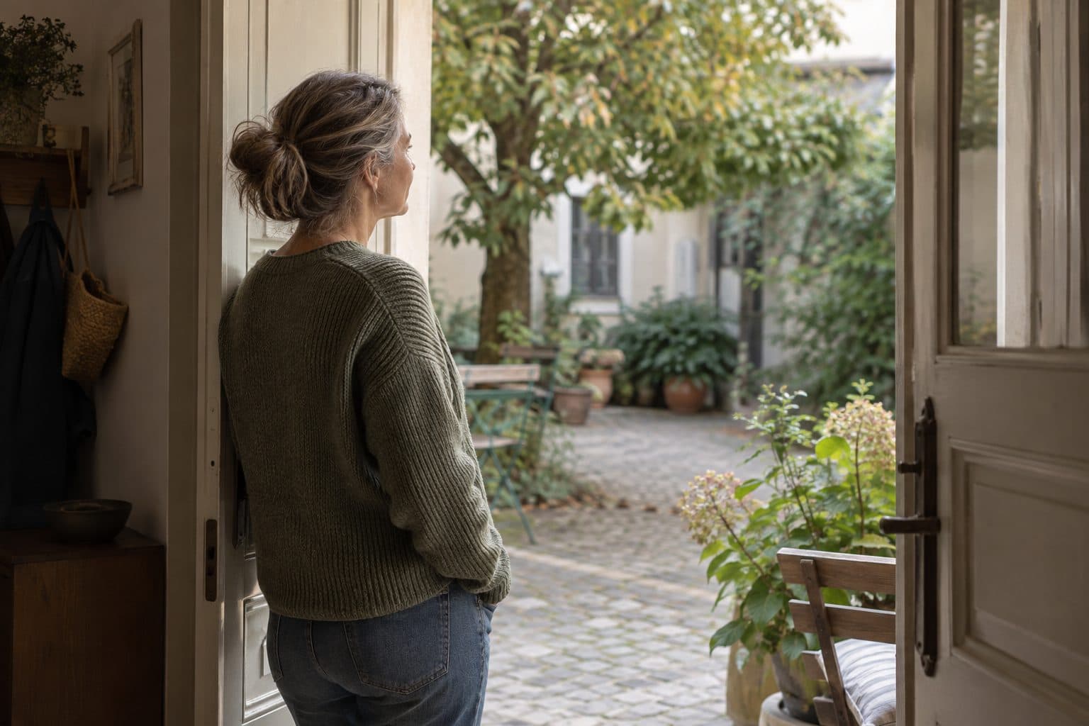 Frau steht in einer offenen Tür und blickt ruhig auf einen möglichen neuen Weg